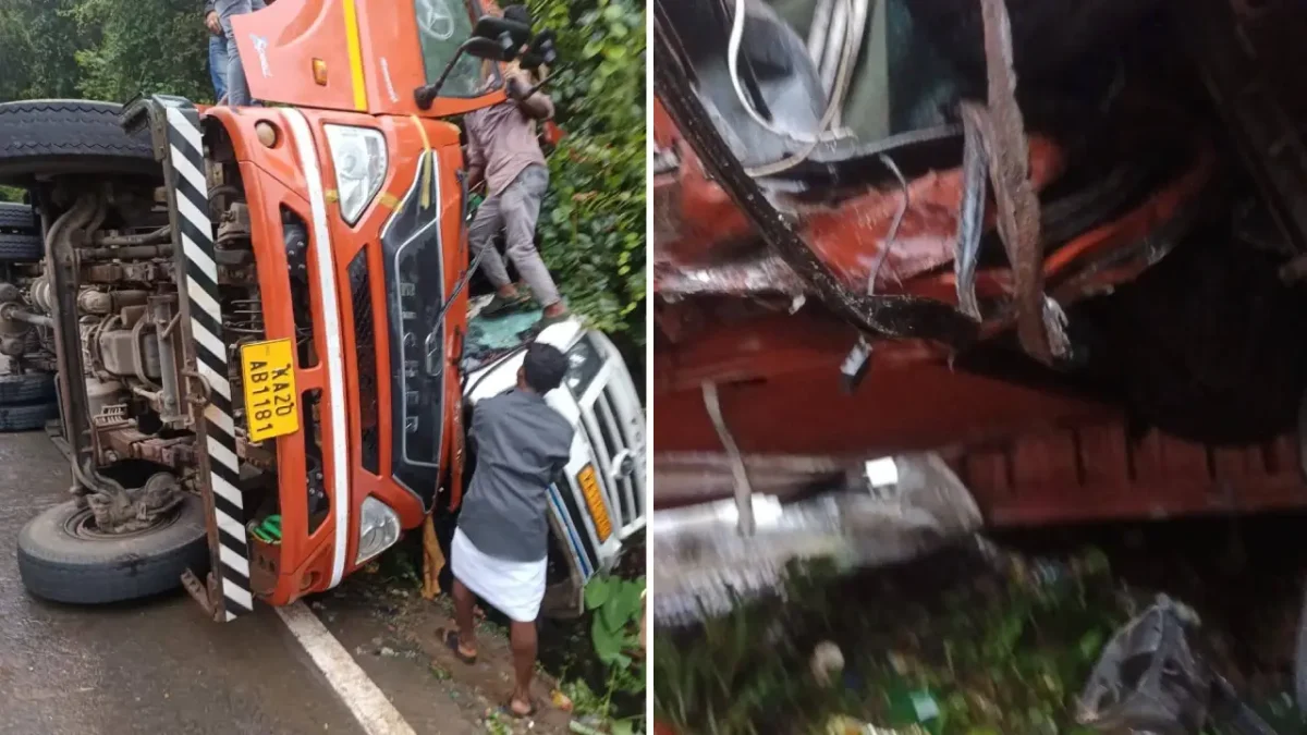 ಸುಳ್ಯ: ರಸ್ತೆ ಬದಿ ನಿಲ್ಲಿಸಿದ್ದ  ಟಿಟಿ ವಾಹನದ ಮೇಲೆ ನಿಯಂತ್ರಣ ತಪ್ಪಿ ಡಿಕ್ಕಿ ಹೊಡೆದು  ಉರುಳಿದ ಲಾರಿ – ಮೂವರು ಗಂಭೀರ