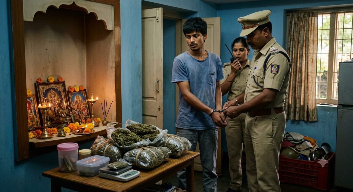 ದೇವರ ಕೋಣೆಯಲ್ಲೇ ಗಾಂಜಾ ಸಂಗ್ರಹಿಸಿ ಮಾರಾಟ!! ಯುವಕನ ಬಂಧನ